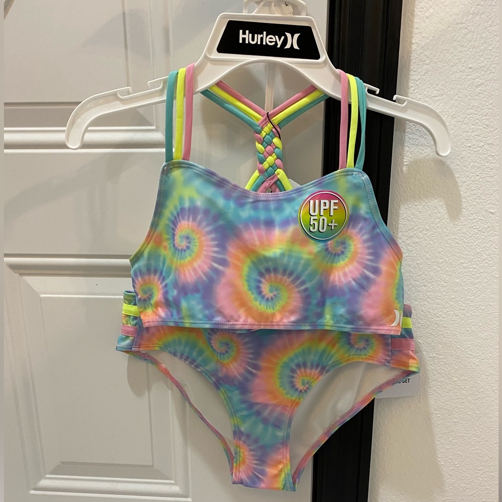 Hurley Girls 2 Piece Swimsuit in Pastel Swirl Tie Dye w/UPF 50+ - Large